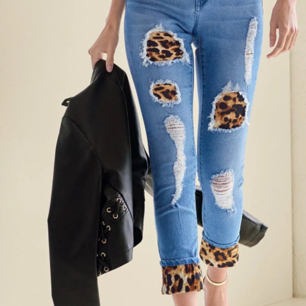 VENUS  Plus| sz 20 Cuffed Boyfriend Jeans Blue Denim Leopard Print  patchwork